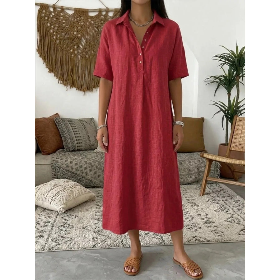 Full Size Button Detail Short Sleeve Midi Shirt Dress Plus Red / S Apparel and Accessories