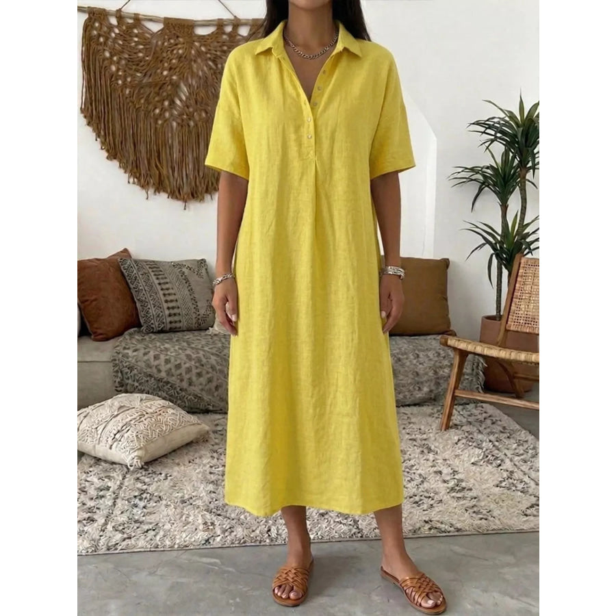 Full Size Button Detail Short Sleeve Midi Shirt Dress Plus Yellow / S Apparel and Accessories