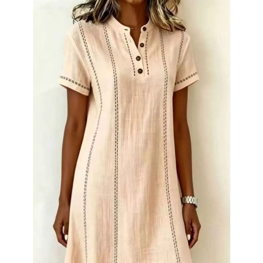 Full Size Button Detail Short Sleeve Shift Dress Plus Apricot / S Apparel and Accessories