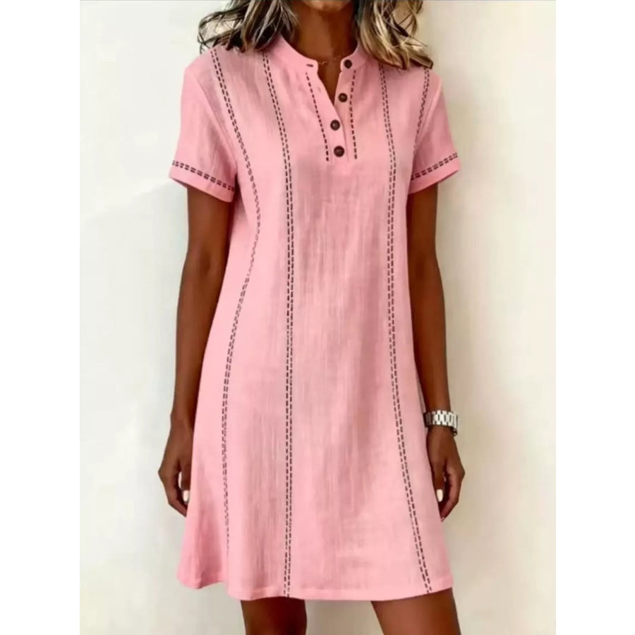 Full Size Button Detail Short Sleeve Shift Dress Plus Pink / S Apparel and Accessories