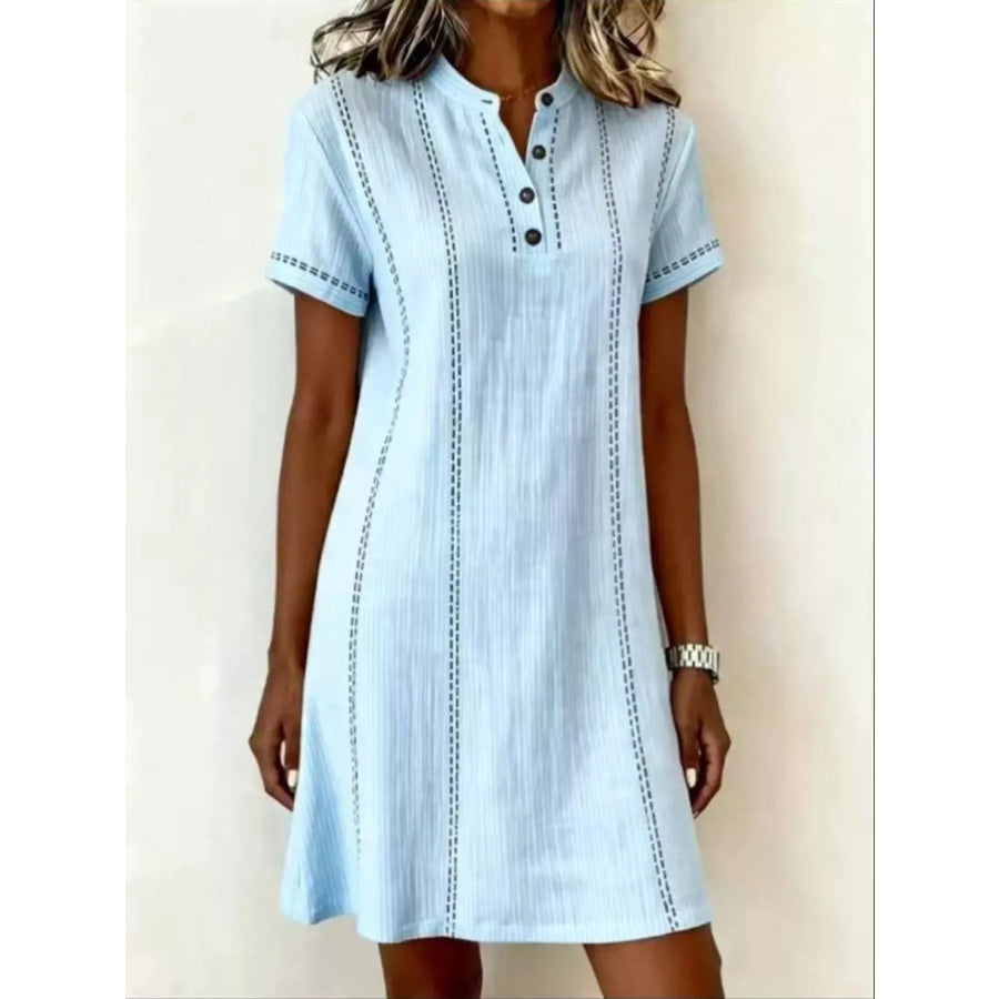 Full Size Button Detail Short Sleeve Shift Dress Plus Sky Blue / S Apparel and Accessories