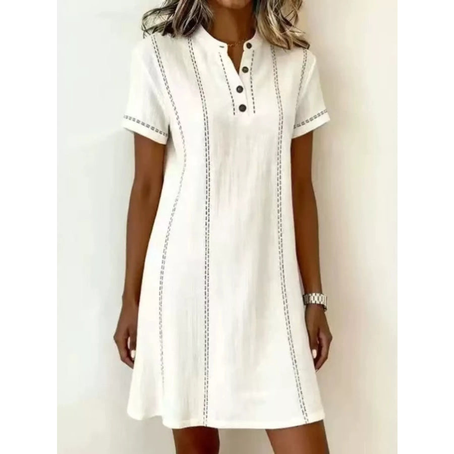 Full Size Button Detail Short Sleeve Shift Dress Plus White / S Apparel and Accessories