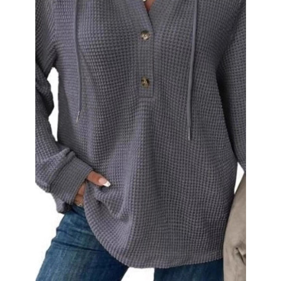 Full Size Button Detail Waffle Knit Hoodie Plus Size Apparel and Accessories