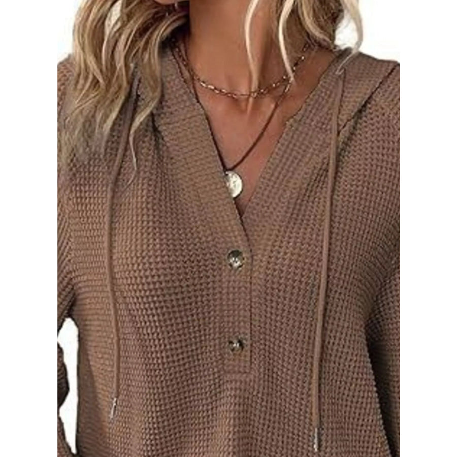 Full Size Button Detail Waffle Knit Hoodie Plus Size Apparel and Accessories