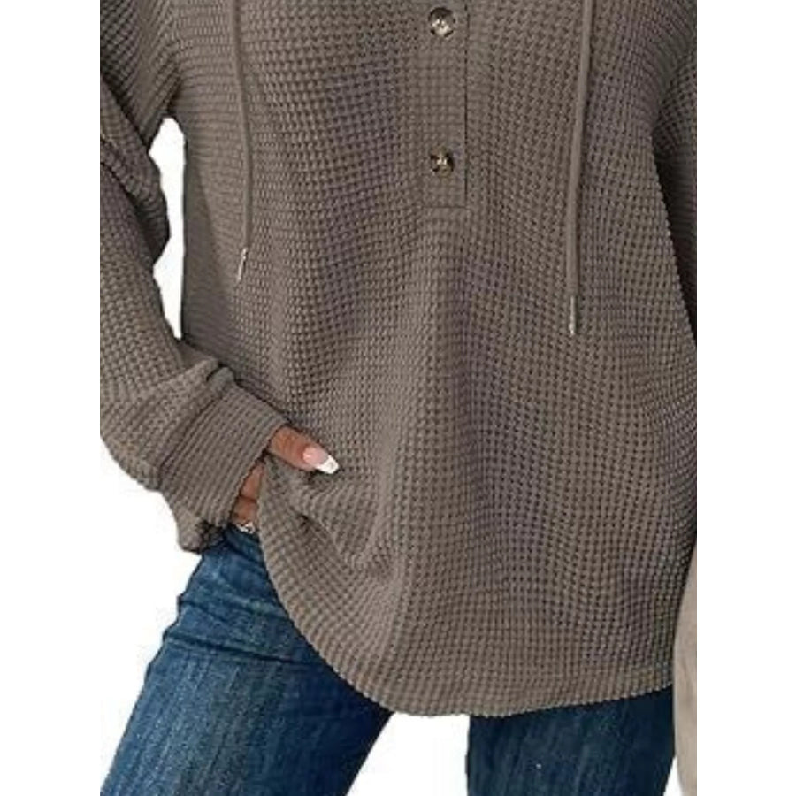 Full Size Button Detail Waffle Knit Hoodie Plus Size Apparel and Accessories