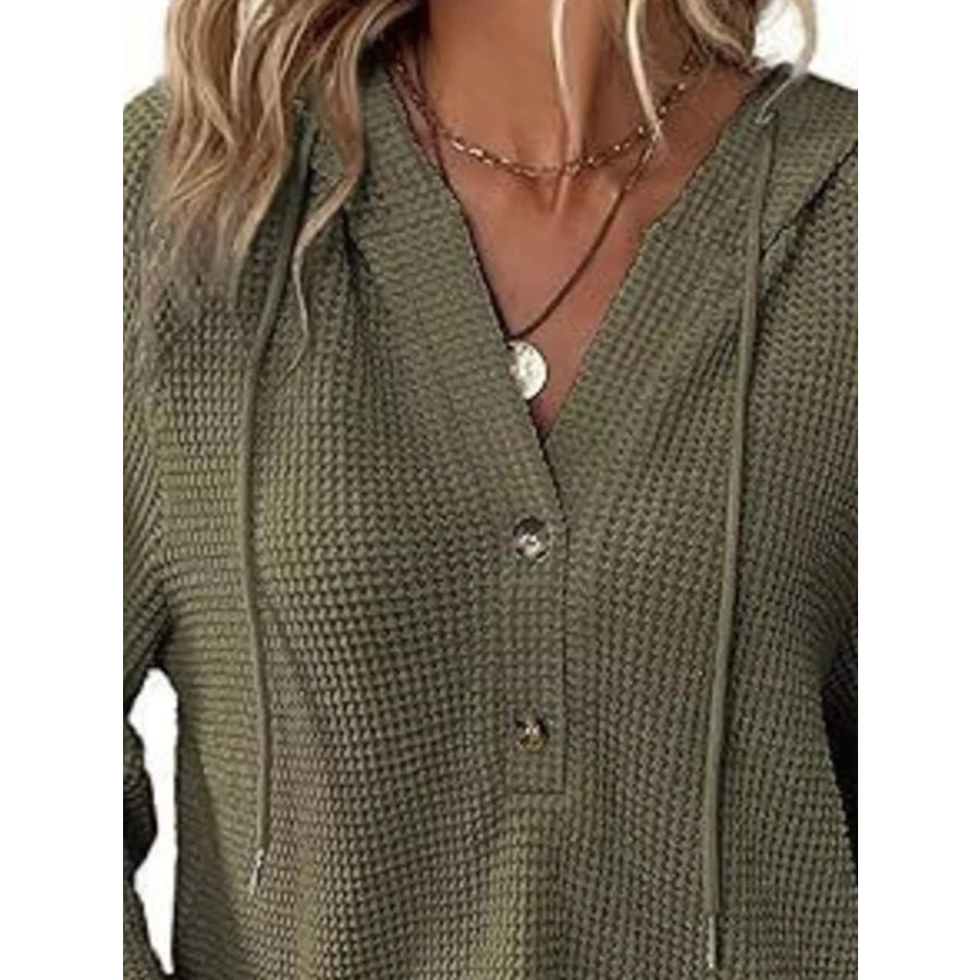 Full Size Button Detail Waffle Knit Hoodie Plus Size Apparel and Accessories