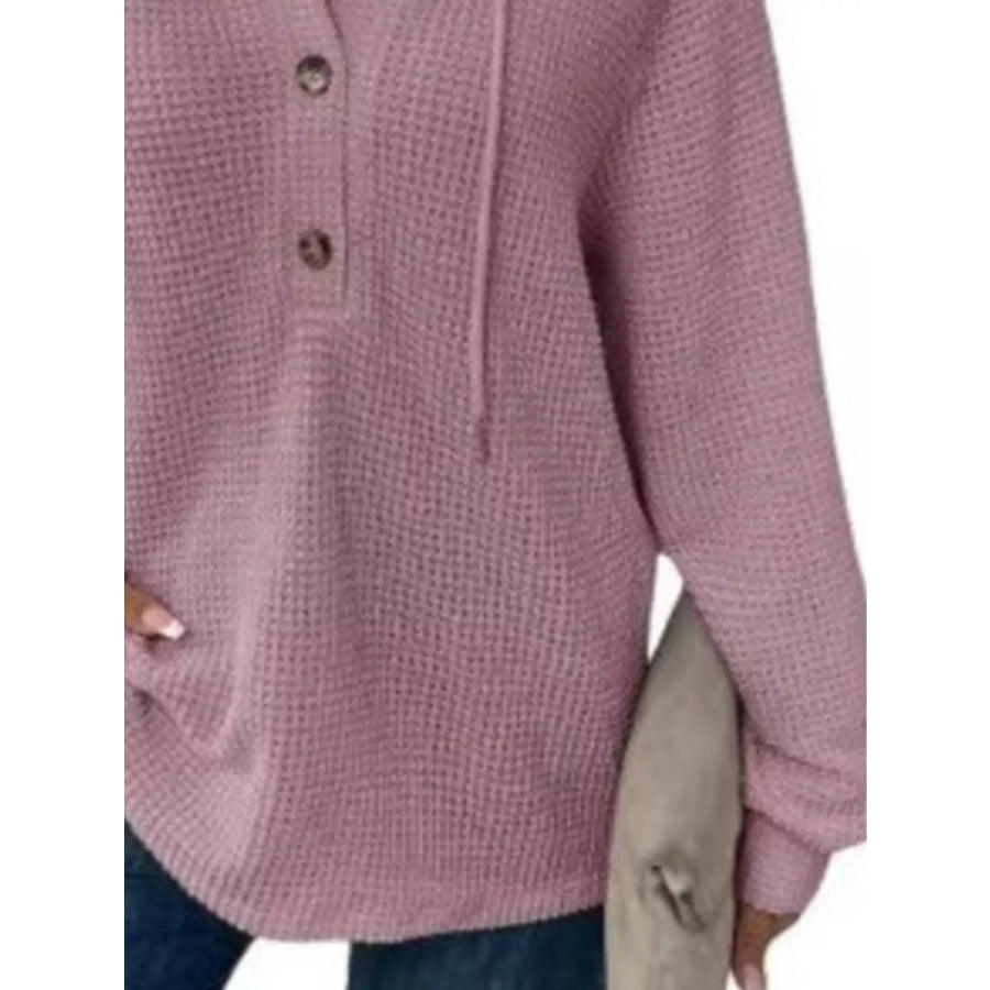 Full Size Button Detail Waffle Knit Hoodie Plus Size Apparel and Accessories