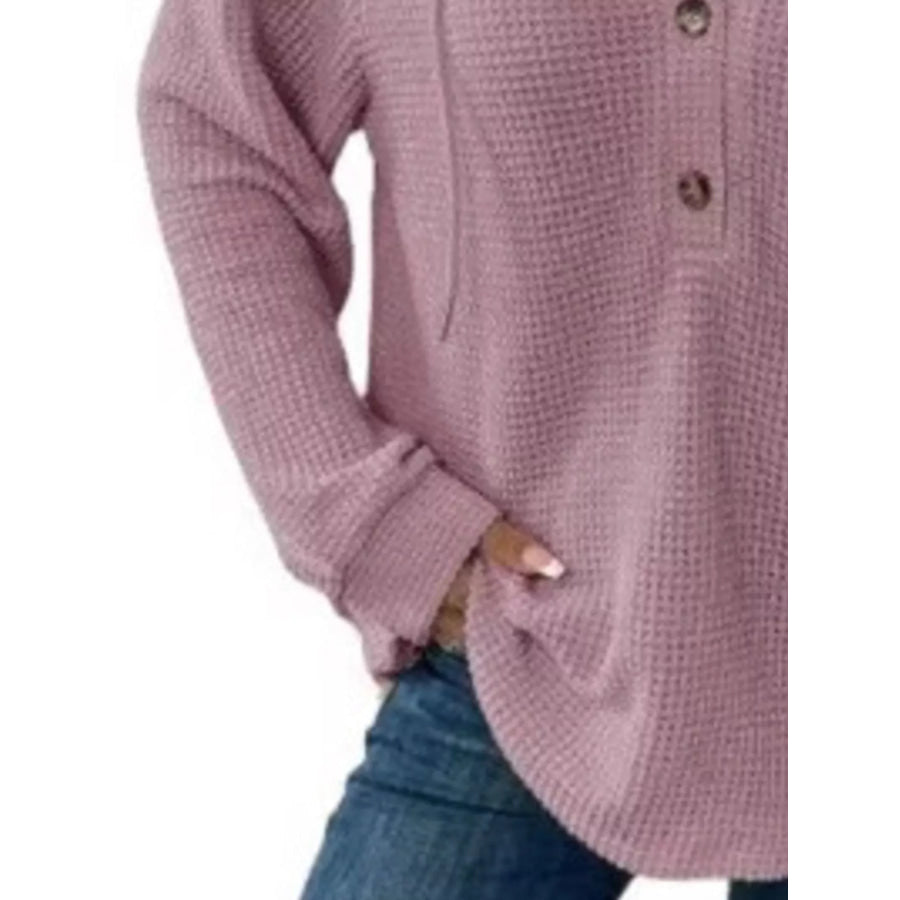 Full Size Button Detail Waffle Knit Hoodie Plus Size Apparel and Accessories