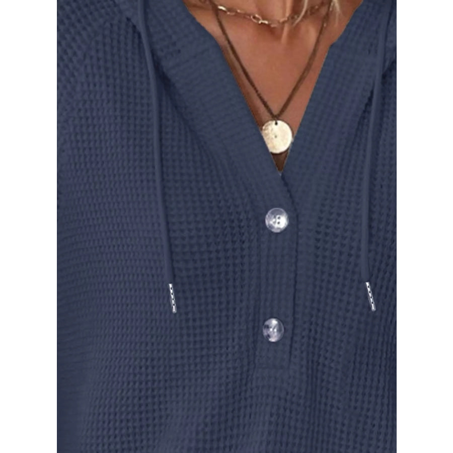 Full Size Button Detail Waffle Knit Hoodie Plus Size Apparel and Accessories