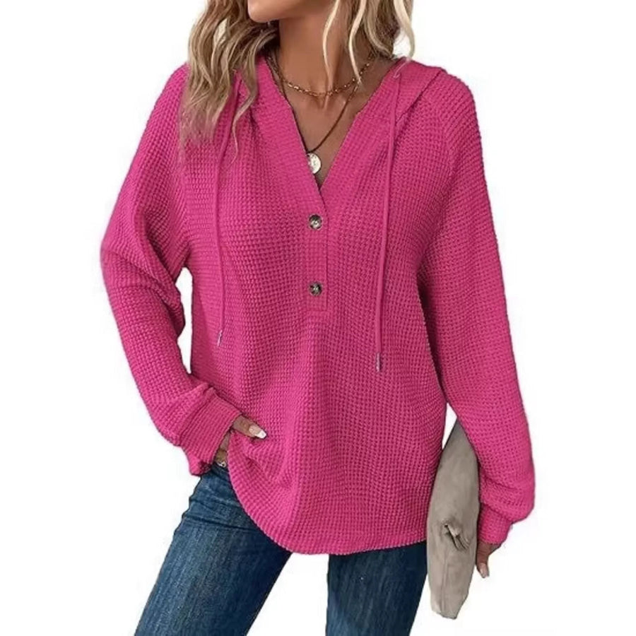 Full Size Button Detail Waffle Knit Hoodie Plus Size Apparel and Accessories