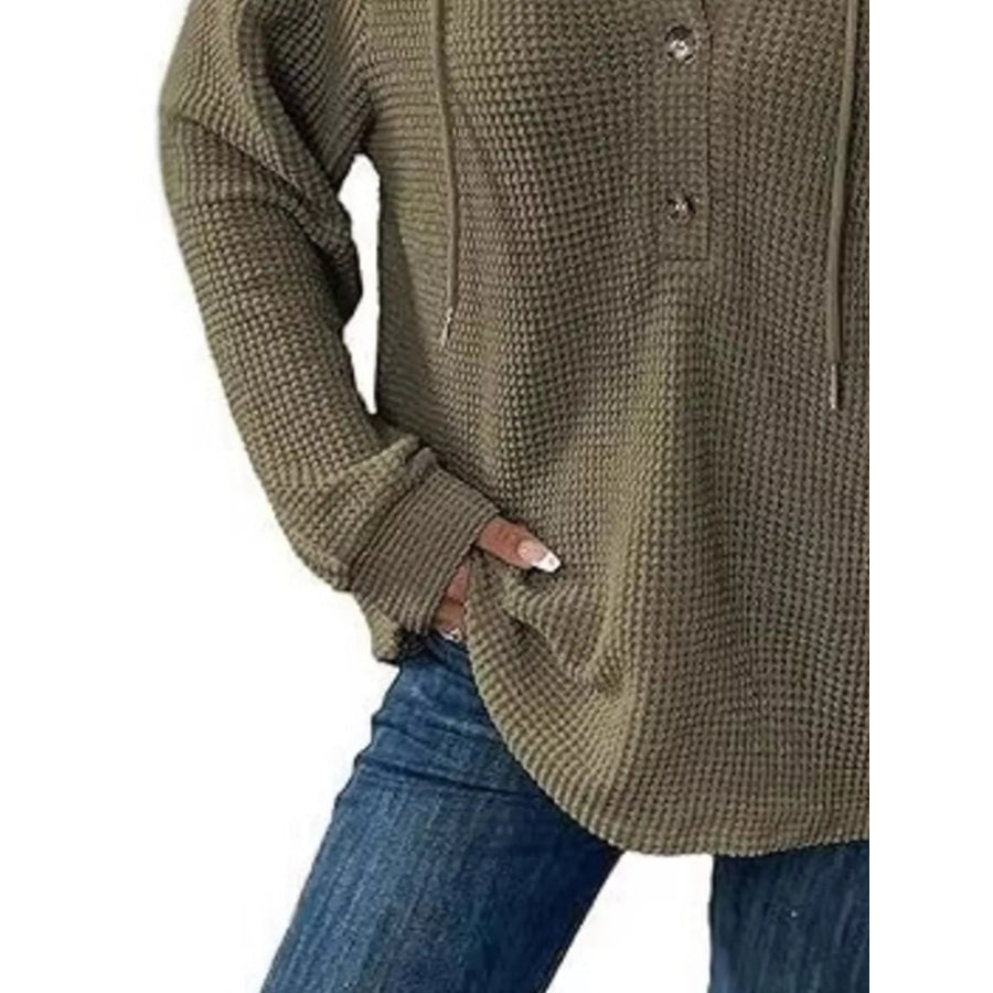 Full Size Button Detail Waffle Knit Hoodie Plus Size Apparel and Accessories