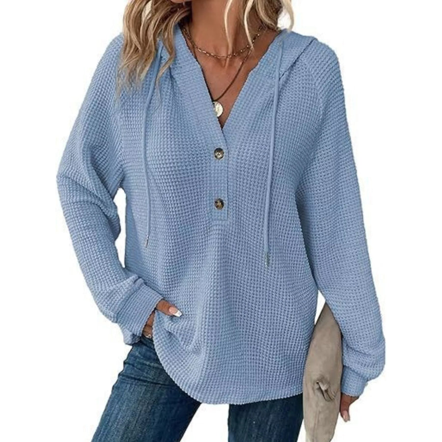 Full Size Button Detail Waffle Knit Hoodie Plus Size Apparel and Accessories