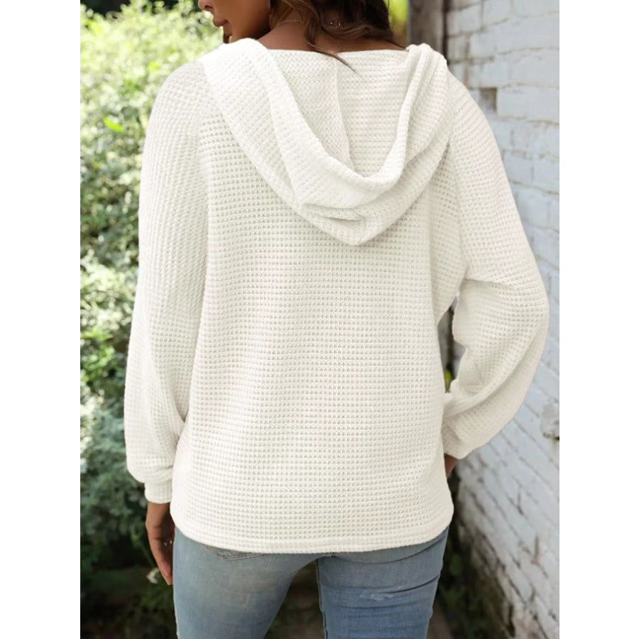 Full Size Button Detail Waffle Knit Hoodie Plus Size Apparel and Accessories