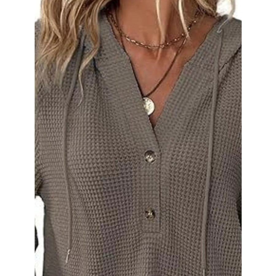 Full Size Button Detail Waffle Knit Hoodie Plus Size Apparel and Accessories