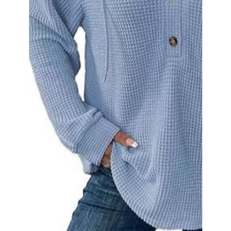 Full Size Button Detail Waffle Knit Hoodie Plus Size Apparel and Accessories