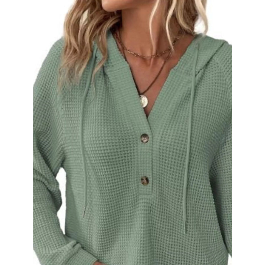Full Size Button Detail Waffle Knit Hoodie Plus Size Apparel and Accessories