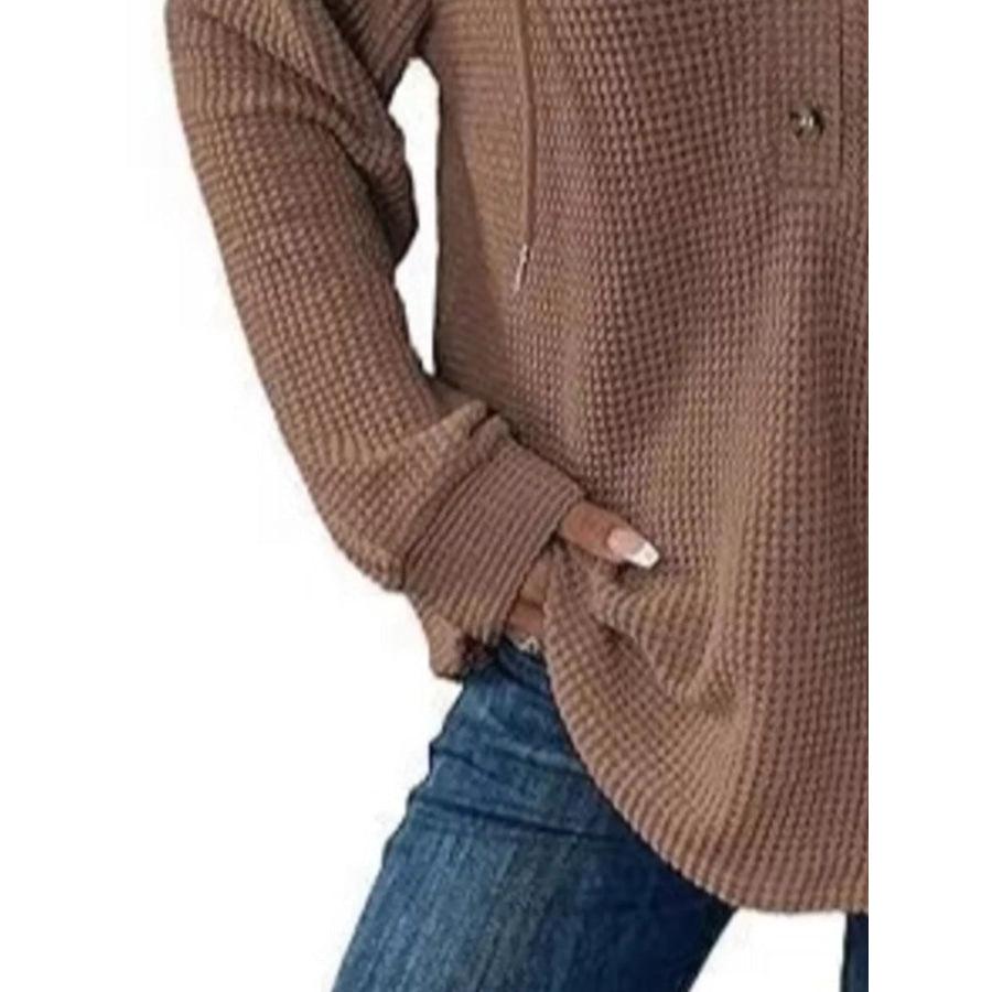 Full Size Button Detail Waffle Knit Hoodie Plus Size Apparel and Accessories