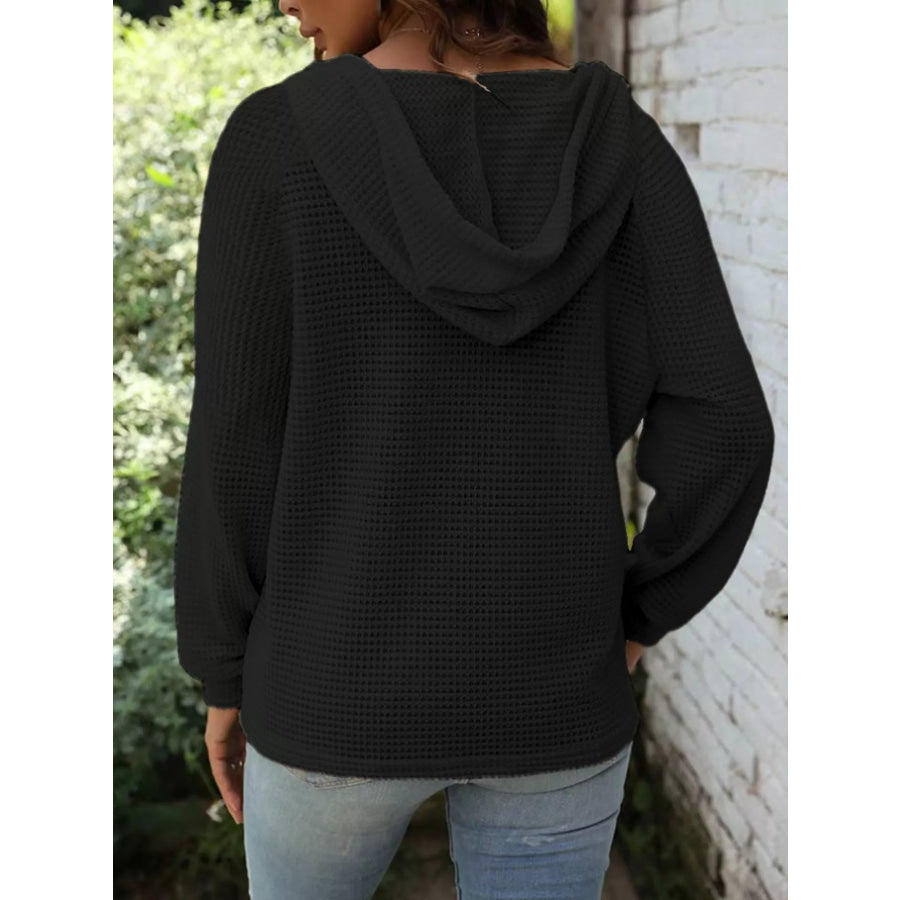 Full Size Button Detail Waffle Knit Hoodie Plus Size Apparel and Accessories