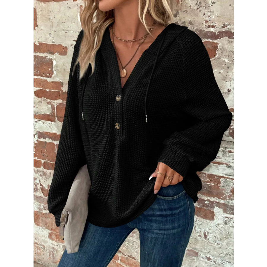 Full Size Button Detail Waffle Knit Hoodie Plus Size Black / S Apparel and Accessories