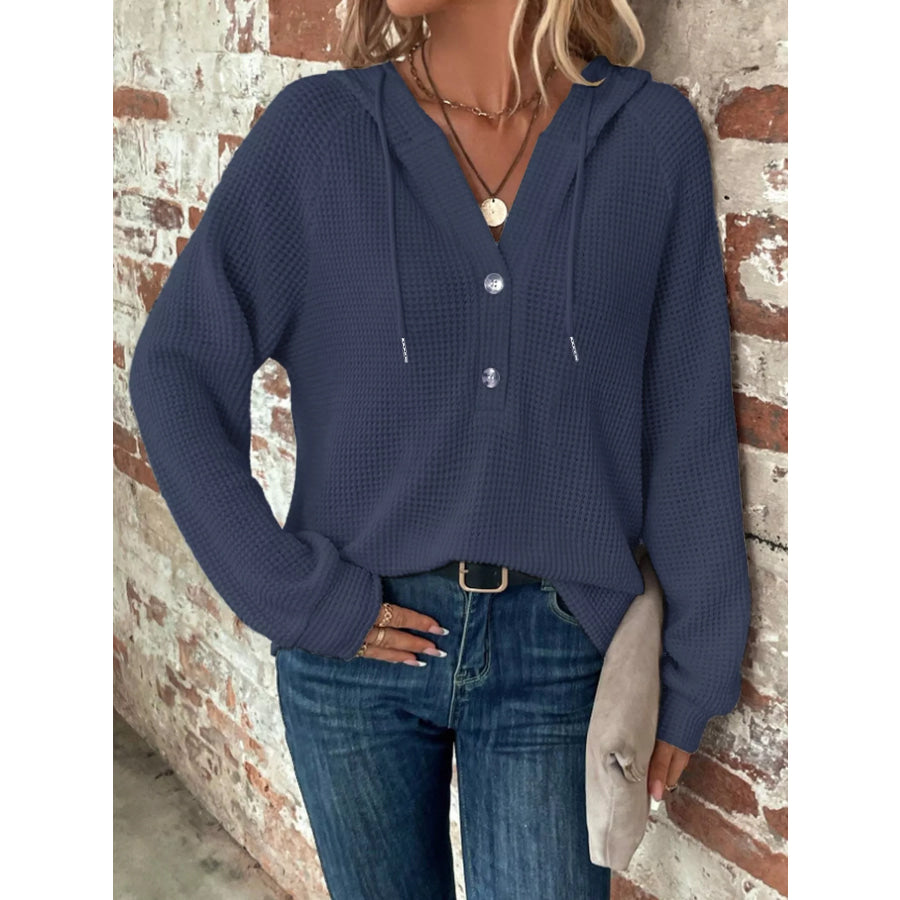Full Size Button Detail Waffle Knit Hoodie Plus Size Blue / S Apparel and Accessories