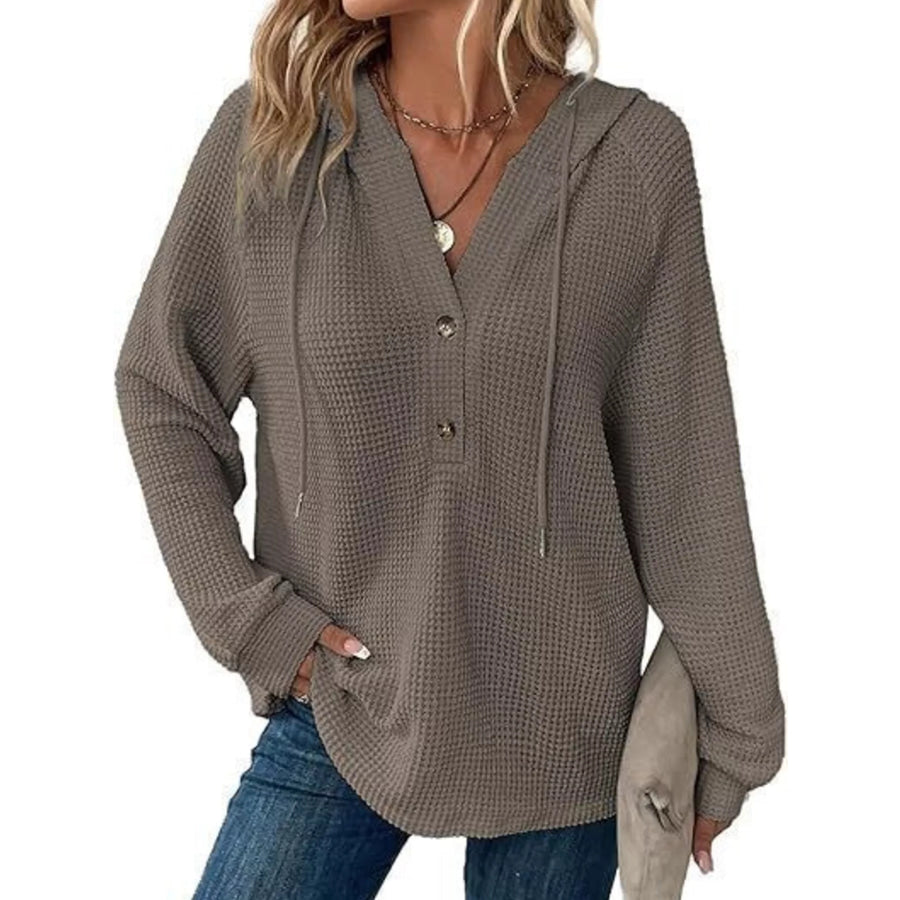 Full Size Button Detail Waffle Knit Hoodie Plus Size Olive Brown / S Apparel and Accessories