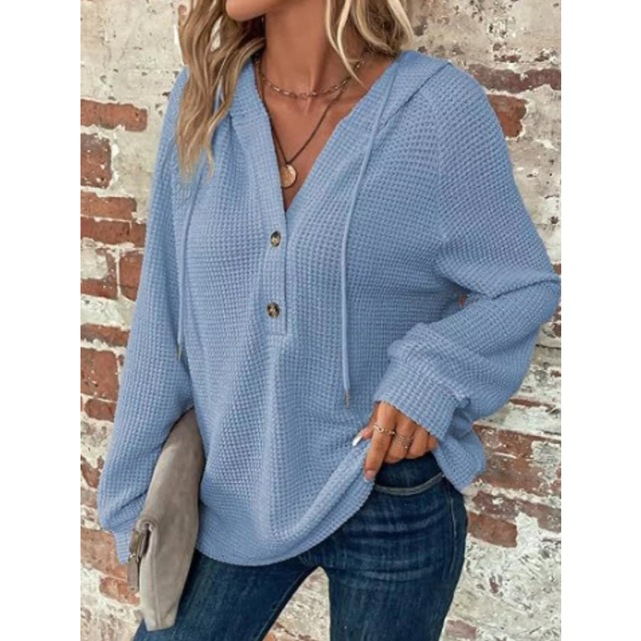 Full Size Button Detail Waffle Knit Hoodie Plus Size Sky Blue / S Apparel and Accessories