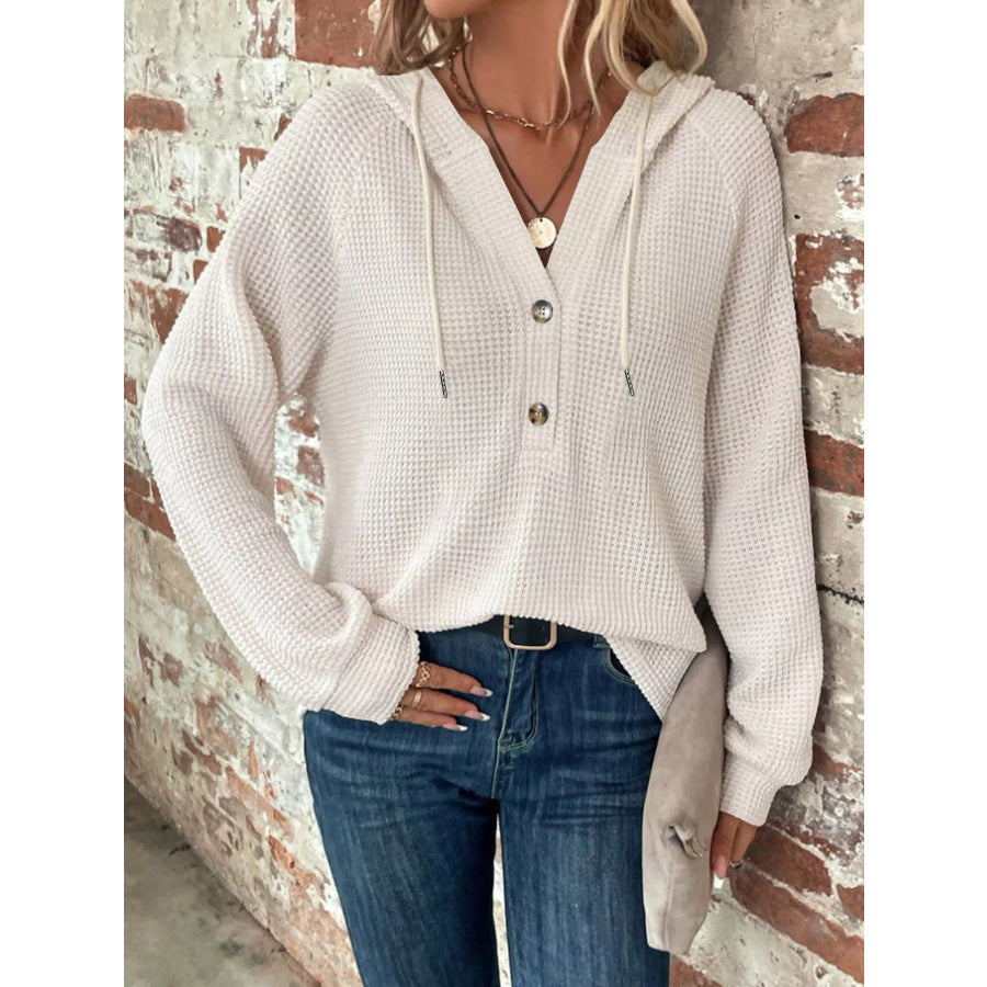 Full Size Button Detail Waffle Knit Hoodie Plus Size White / S Apparel and Accessories