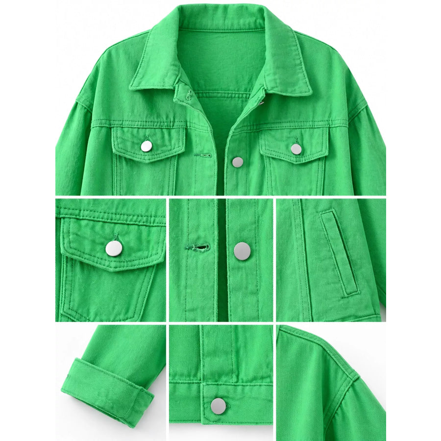 Full Size Button-Down Classic Cropped Denim Jacket Plus Apparel and Accessories