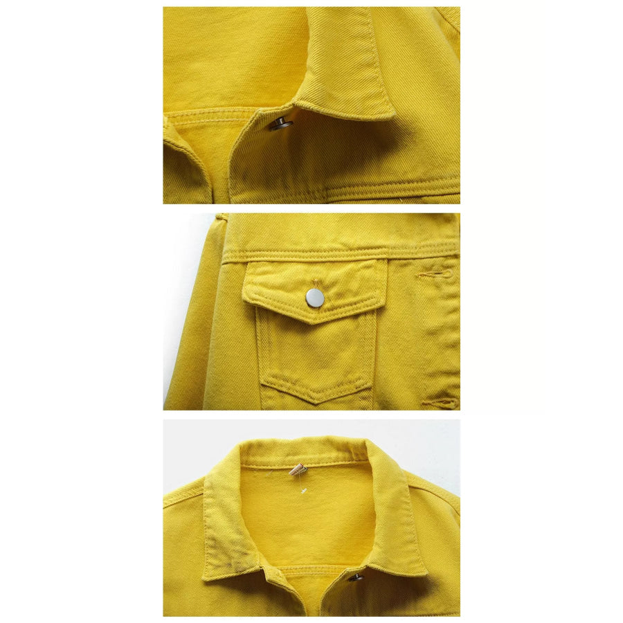 Full Size Button-Down Classic Cropped Denim Jacket Plus Apparel and Accessories