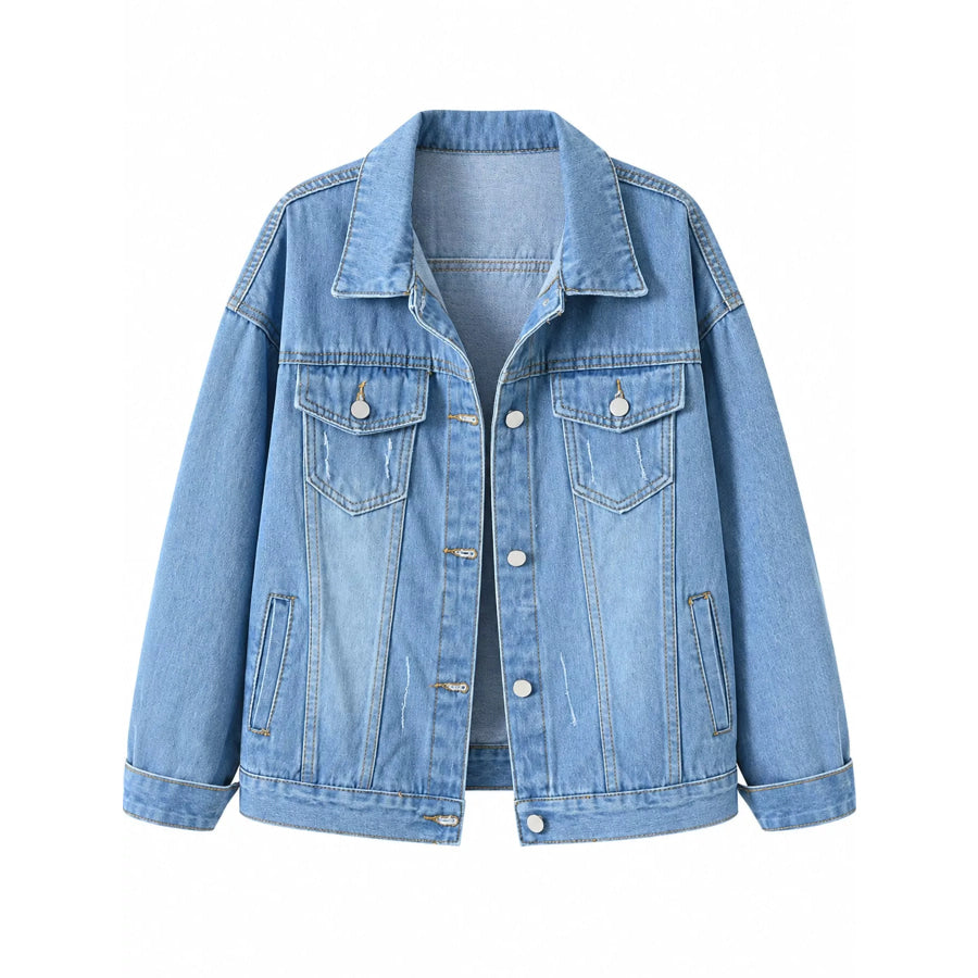Full Size Button-Down Classic Cropped Denim Jacket Plus Apparel and Accessories