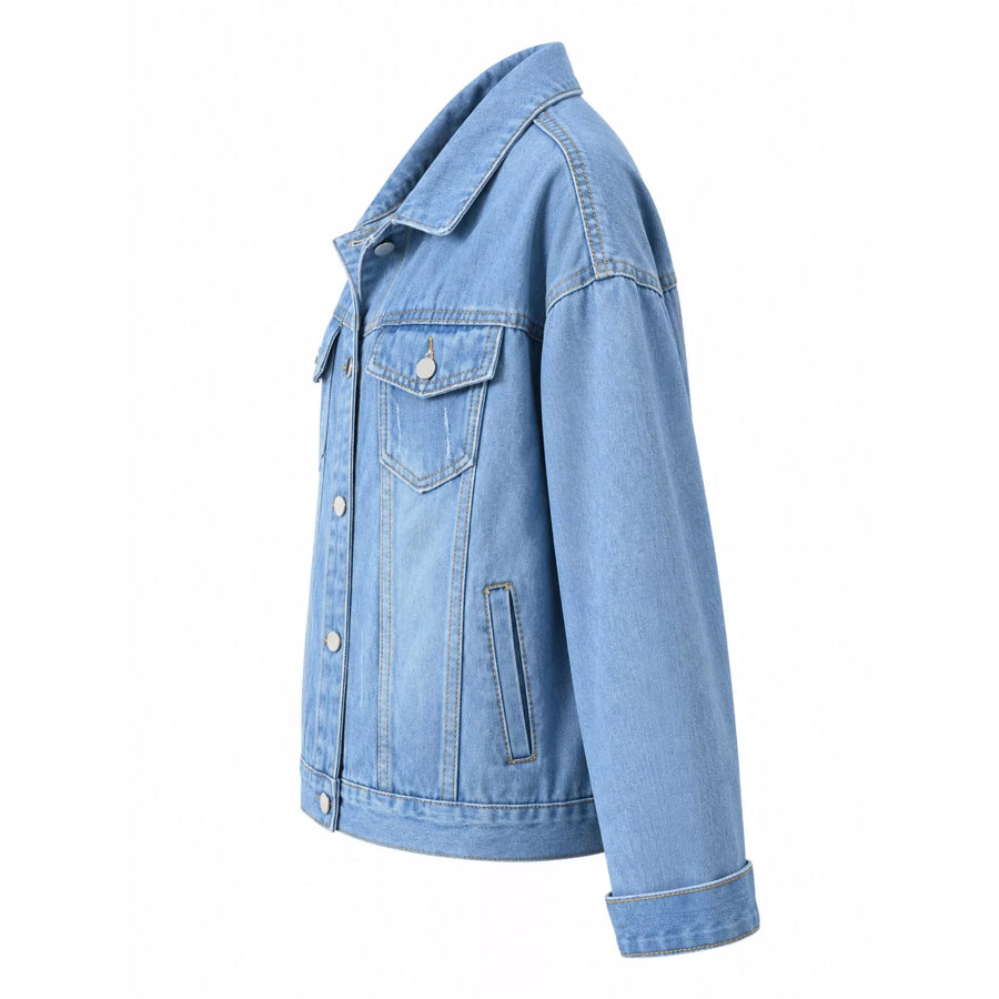 Full Size Button-Down Classic Cropped Denim Jacket Plus Apparel and Accessories