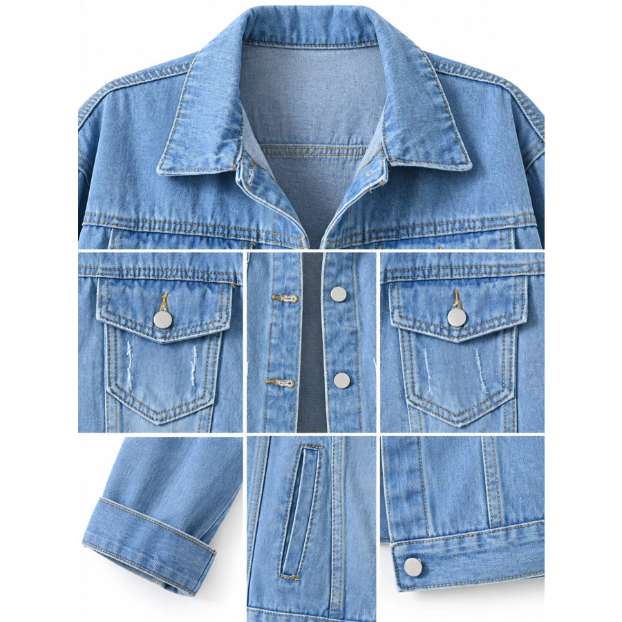 Full Size Button-Down Classic Cropped Denim Jacket Plus Apparel and Accessories