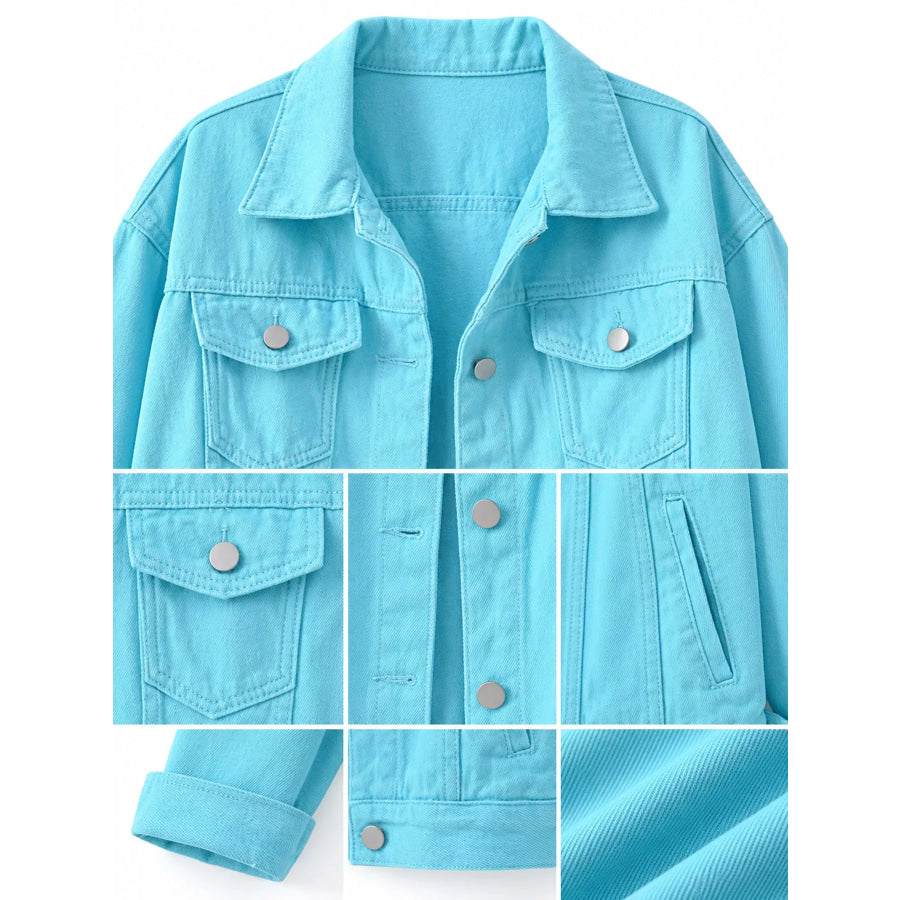 Full Size Button-Down Classic Cropped Denim Jacket Plus Apparel and Accessories