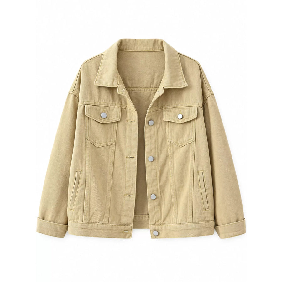 Full Size Button-Down Classic Cropped Denim Jacket Plus Apparel and Accessories