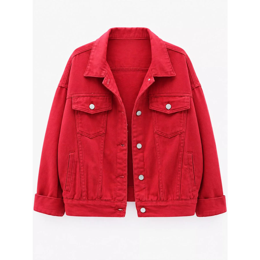 Full Size Button-Down Classic Cropped Denim Jacket Plus Apparel and Accessories