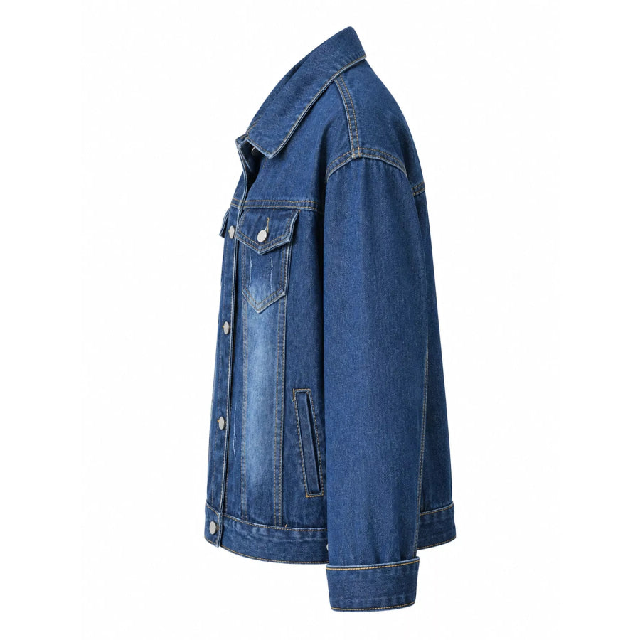 Full Size Button-Down Classic Cropped Denim Jacket Plus Apparel and Accessories