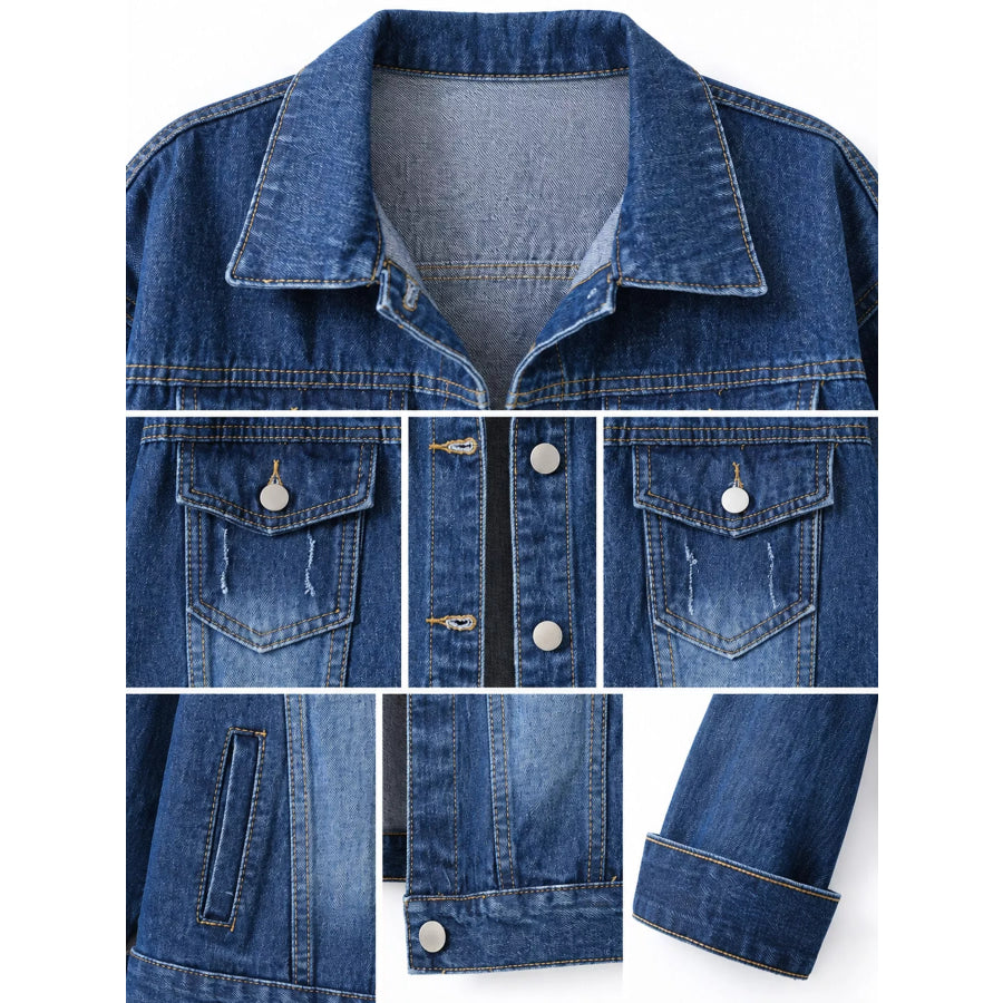 Full Size Button-Down Classic Cropped Denim Jacket Plus Apparel and Accessories