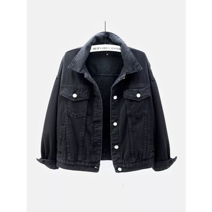 Full Size Button-Down Classic Cropped Denim Jacket Plus Black / S Apparel and Accessories