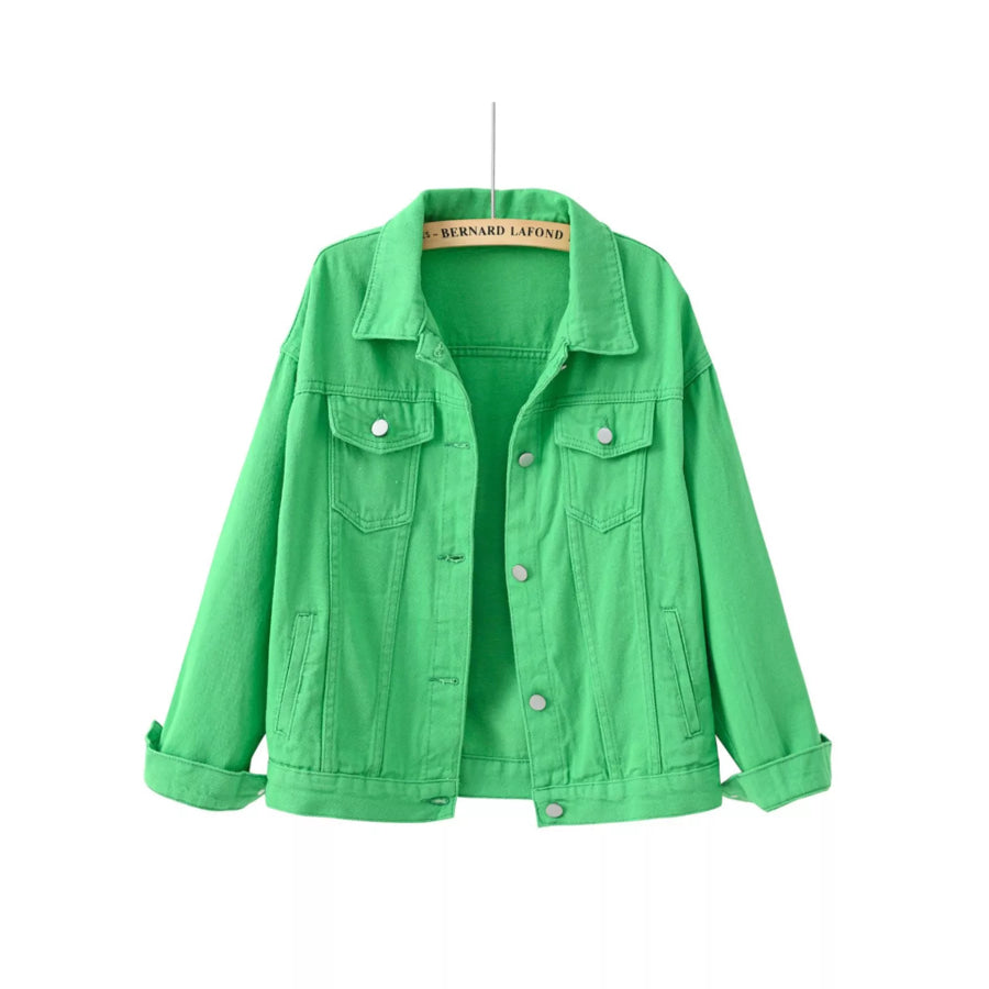 Full Size Button-Down Classic Cropped Denim Jacket Plus Green / S Apparel and Accessories