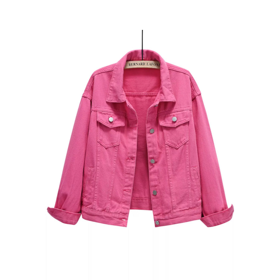 Full Size Button-Down Classic Cropped Denim Jacket Plus Hot Pink / S Apparel and Accessories