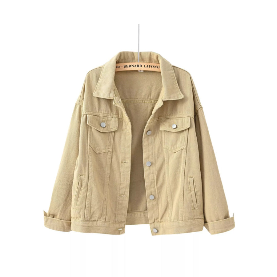 Full Size Button-Down Classic Cropped Denim Jacket Plus Khaki / S Apparel and Accessories