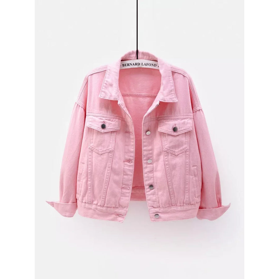 Full Size Button-Down Classic Cropped Denim Jacket Plus Pink / S Apparel and Accessories