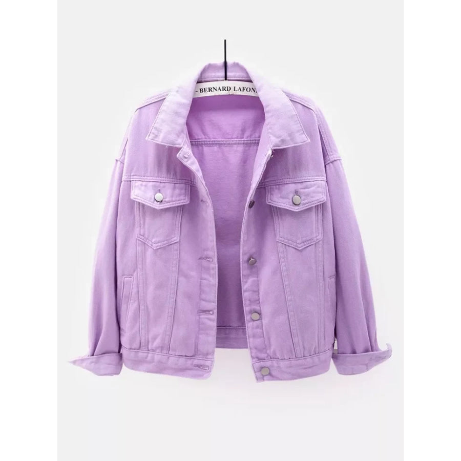 Full Size Button-Down Classic Cropped Denim Jacket Plus Purple / S Apparel and Accessories