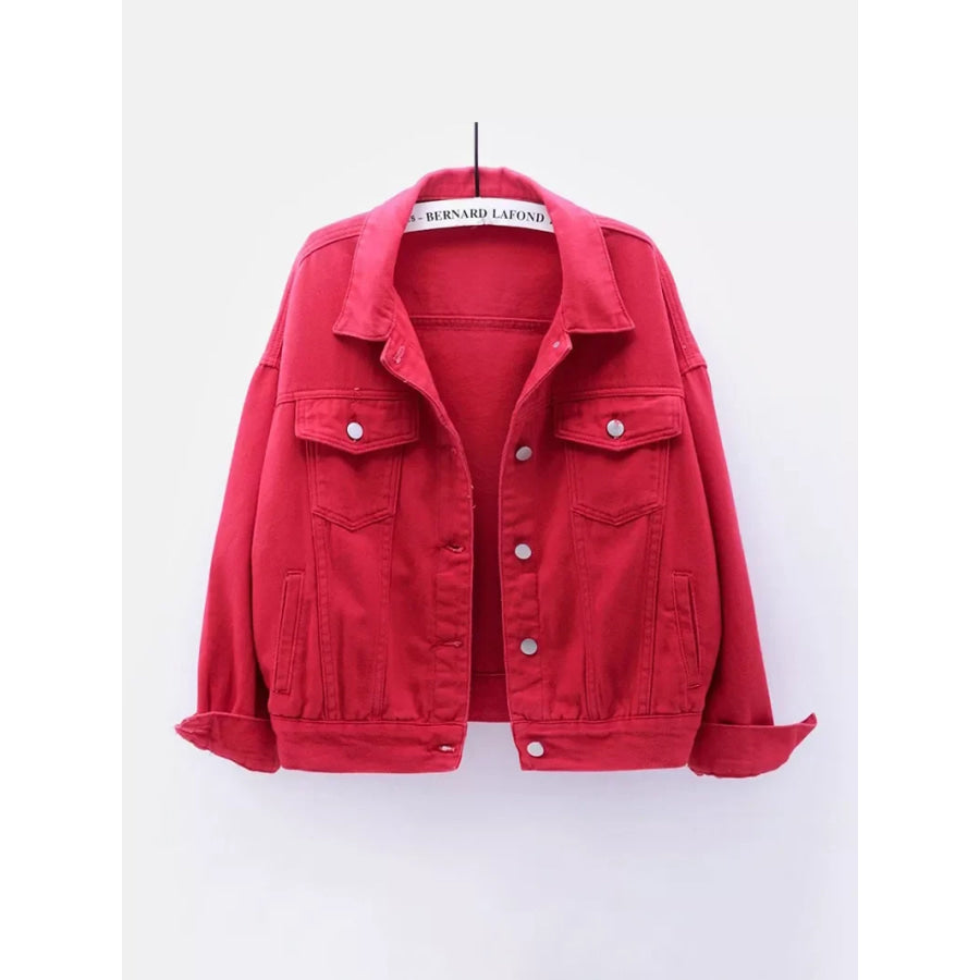 Full Size Button-Down Classic Cropped Denim Jacket Plus Red / S Apparel and Accessories