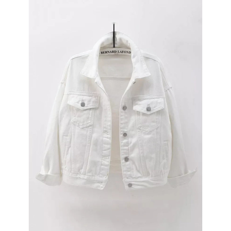 Full Size Button-Down Classic Cropped Denim Jacket Plus White / S Apparel and Accessories