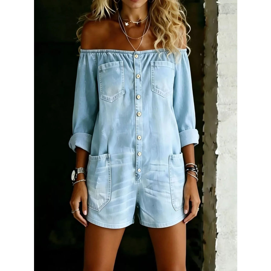 Full Size Button-Down Front Off Shoulder Romper Plus Size Apparel and Accessories