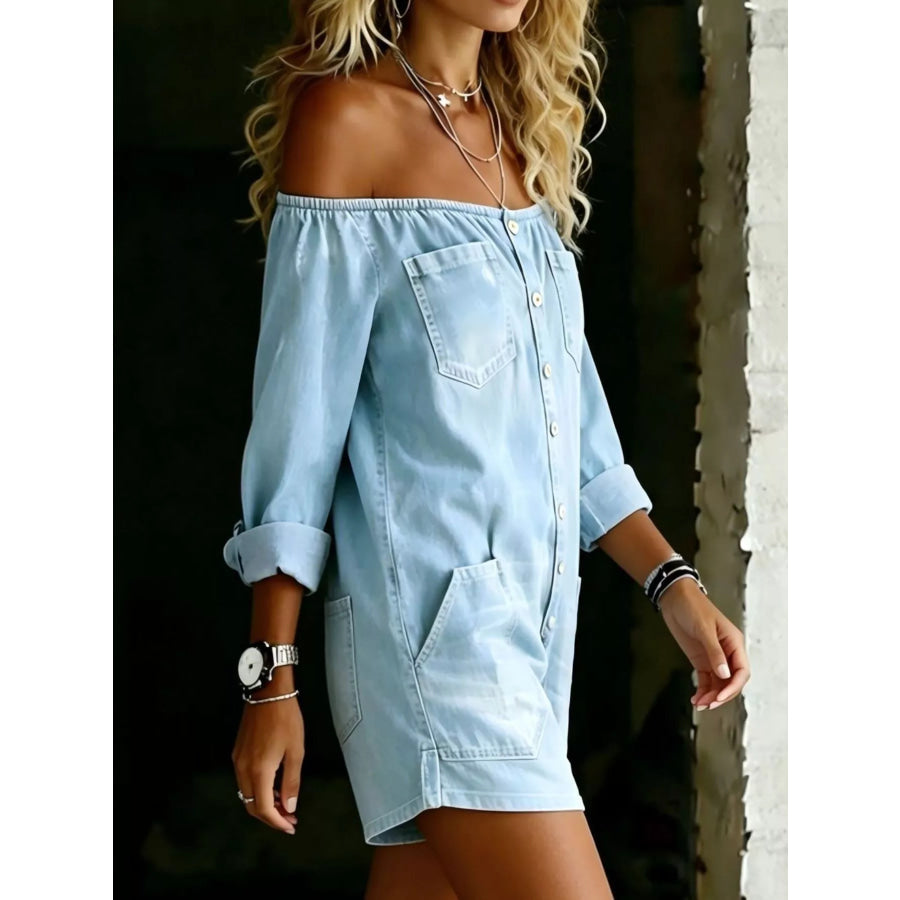 Full Size Button-Down Front Off Shoulder Romper Plus Size Apparel and Accessories