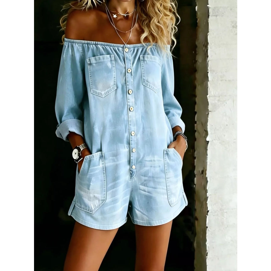 Full Size Button-Down Front Off Shoulder Romper Plus Size Light Blue / S Apparel and Accessories