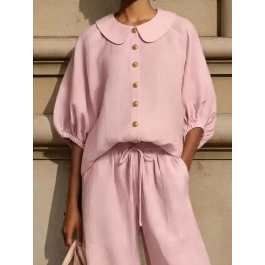 Full Size Button Down Half Sleeve Top and Pants Set Plus Size Apparel and Accessories