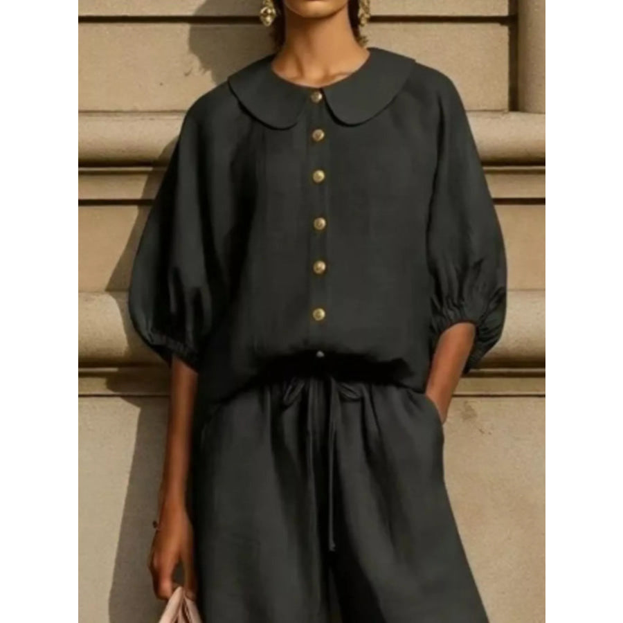 Full Size Button Down Half Sleeve Top and Pants Set Plus Size Apparel and Accessories